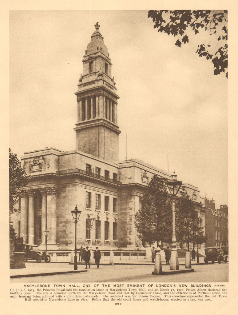 Marylebone Town Hall, Marylebone Road. Now London Business School 1926 print